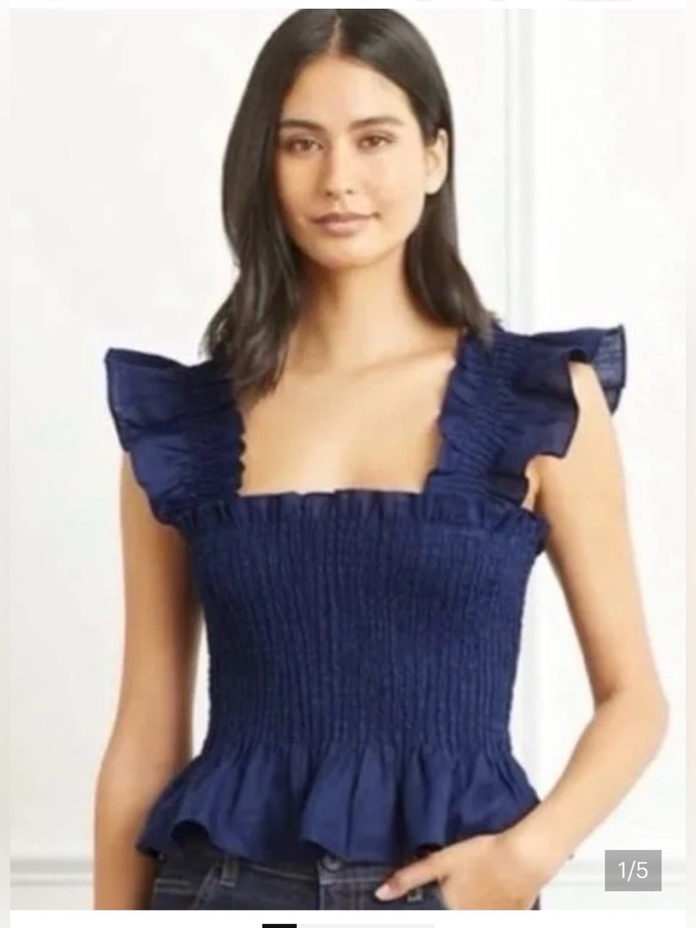 Hill House Paz Nap Top Tank Womens Navy Blue Ruffle Smocked Cottagecore XS